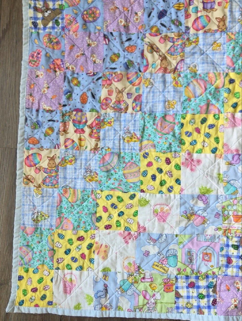 Handmade Pastel Patchwork  Baby Quilt Easter  Bunny Yellow Purple Blue
